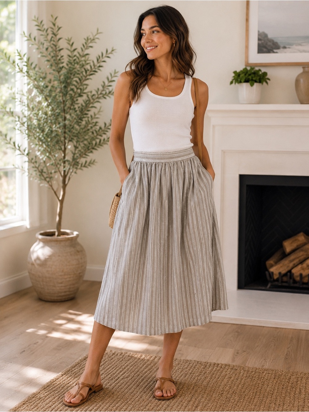 Max Studio Olive & Cream Striped Midi Skirt - Picture 1 of 7